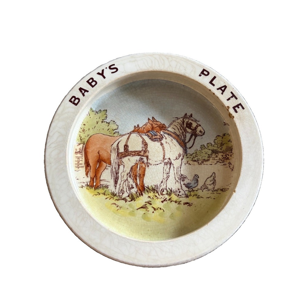 Antique SF & Co England Baby's Baby's Plate Draft Horses Nursery Bowl Farm